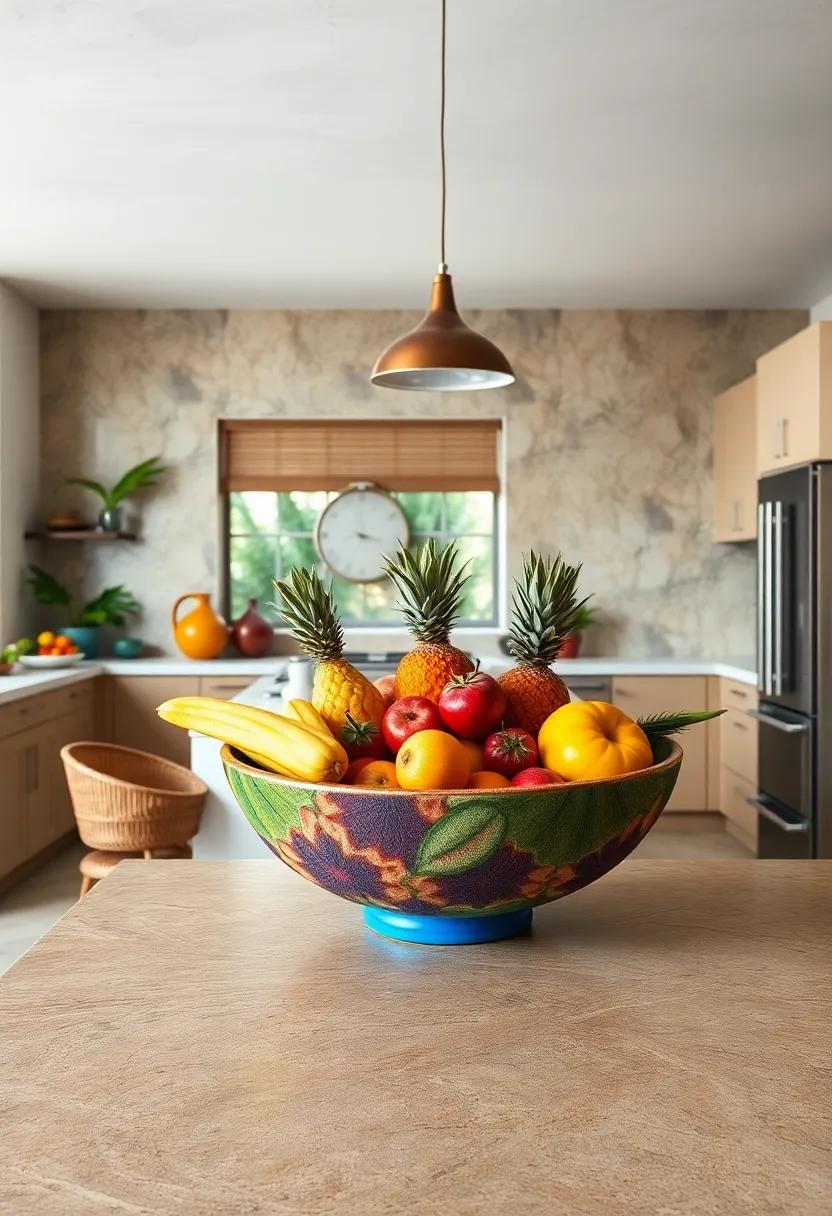 Exotic Fruit Bowls in Bold Colors as Functional Art Pieces in Tropical Kitchen Settings
