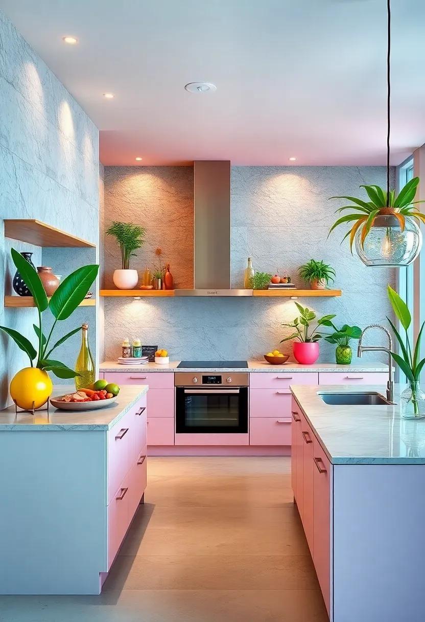 Juxtaposition of Matte Pastels and Glossy Brights Creating Dynamic Tropical Kitchen Ambiance