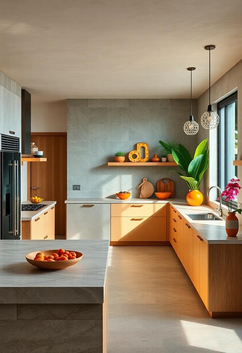 Natural Stone Surfaces Complemented by Bright Accents for Balanced Tropical Style Kitchens