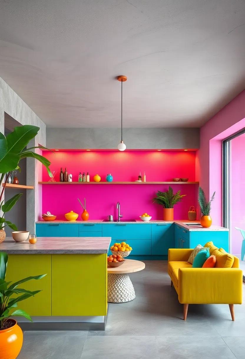 Playful Mix of Bright Pink, Lime Green, and Sunset Orange in Contemporary Tropical Kitchens