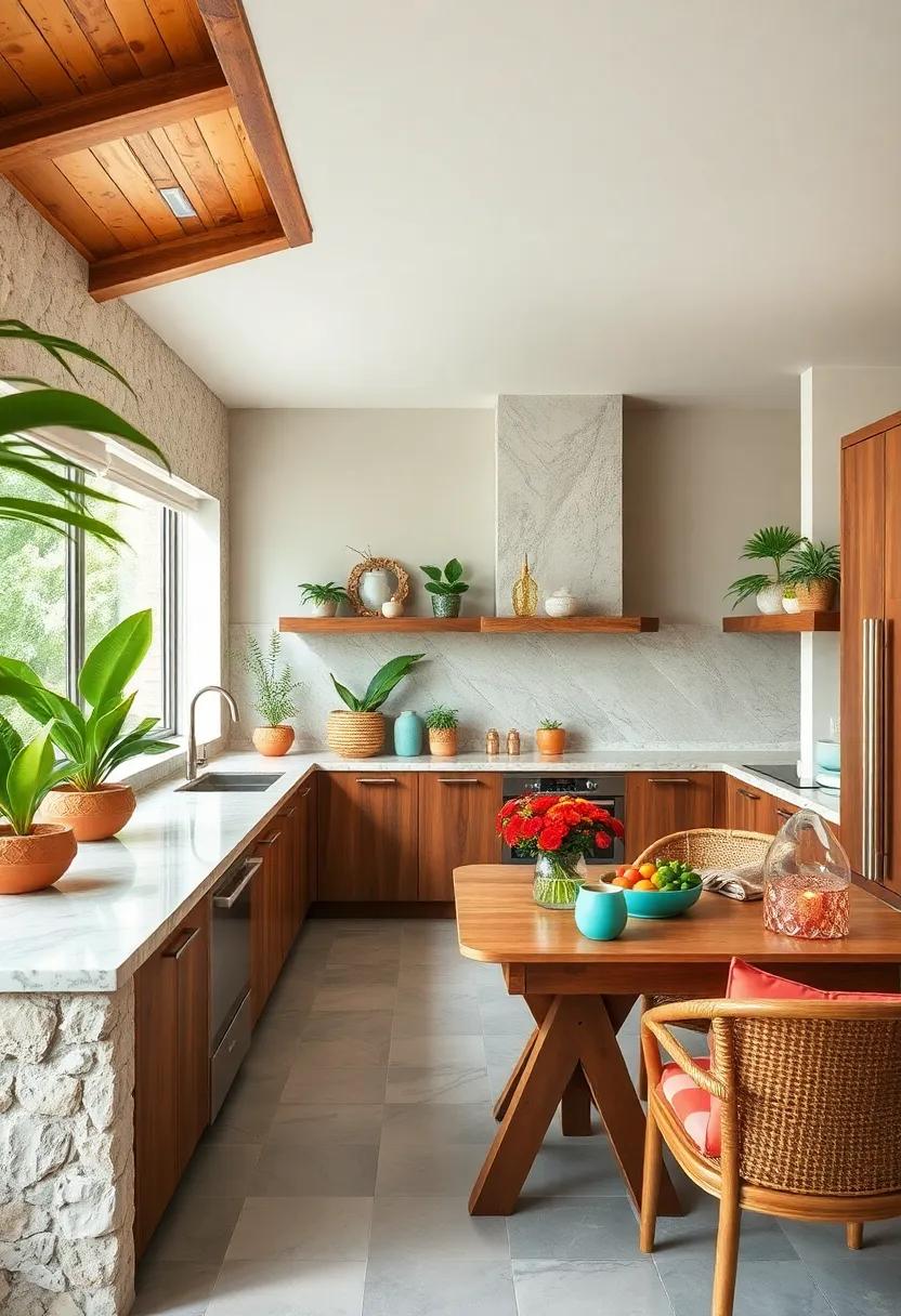 Rustic Wooden Elements Blended with Bright Coral and Aqua Hues in Kitchen Design