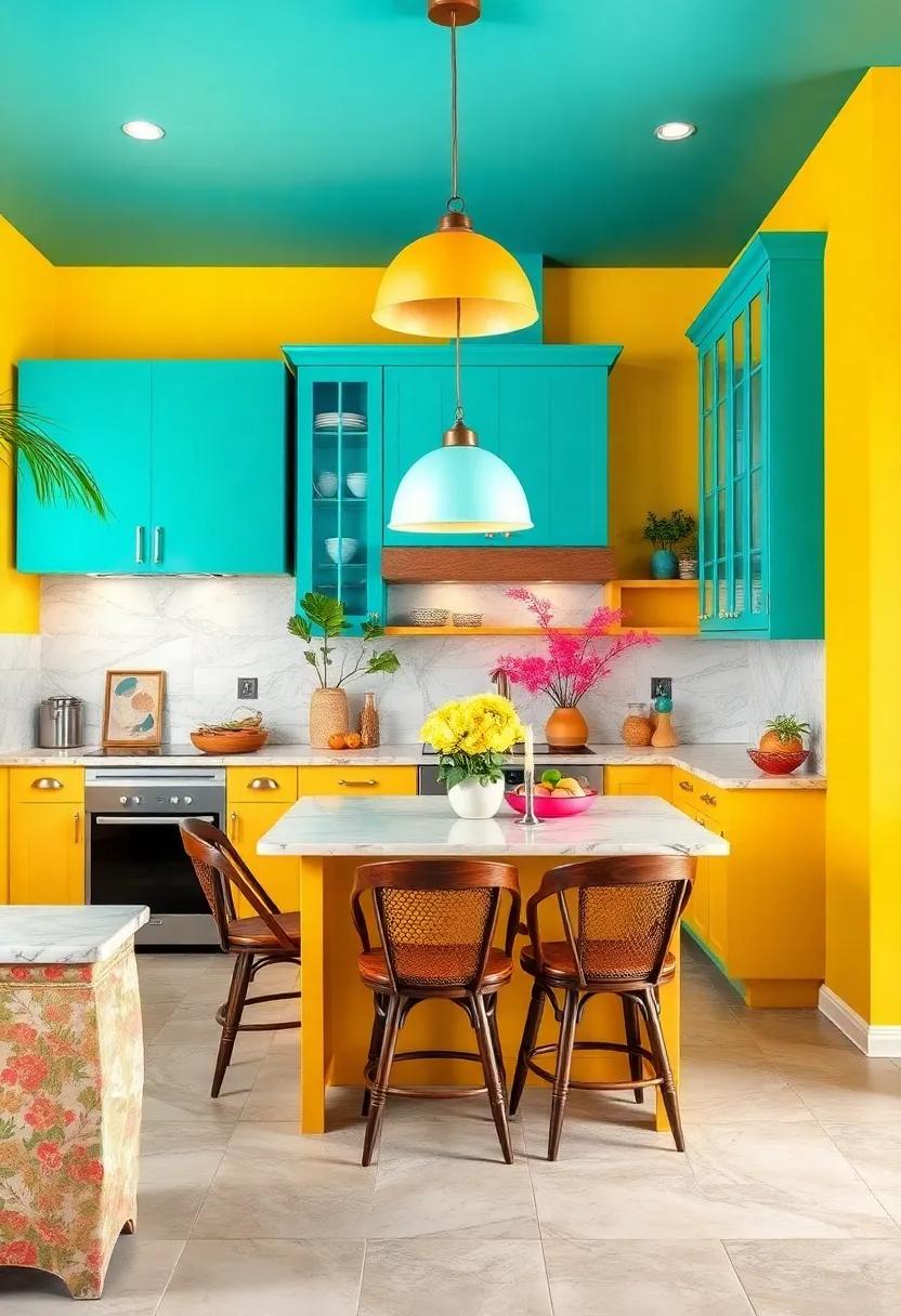 Sun-Kissed Yellow Walls Paired with Turquoise Cabinets Evoking Island Vibes