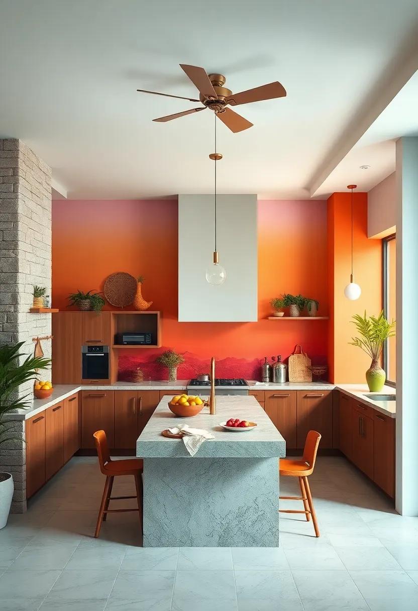 Sunset-Inspired Gradient Walls Blending Warm Colors to Set the Tropical Kitchen Mood