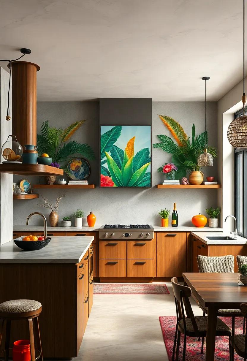 Tropical-Inspired Artwork and Murals Serving as Colorful Centerpieces Amid Kitchen Spaces