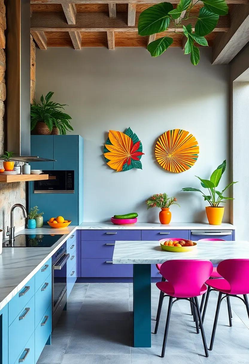 Vibrant Color Coordination Between Kitchen Appliances and Wall Décor for Cohesive Tropical Look