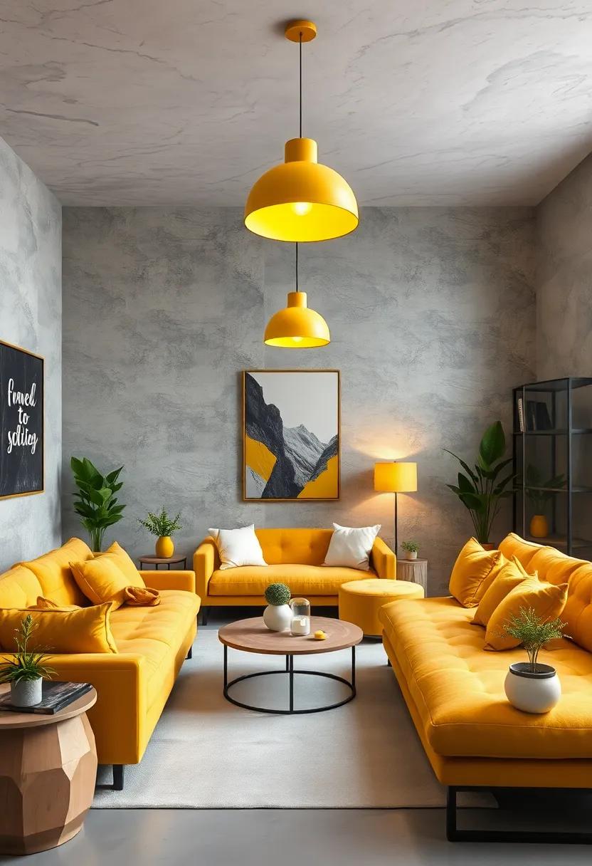 Balancing Bright Yellow Lighting Fixtures Against Neutral Grey Backdrops for an Inviting Glow