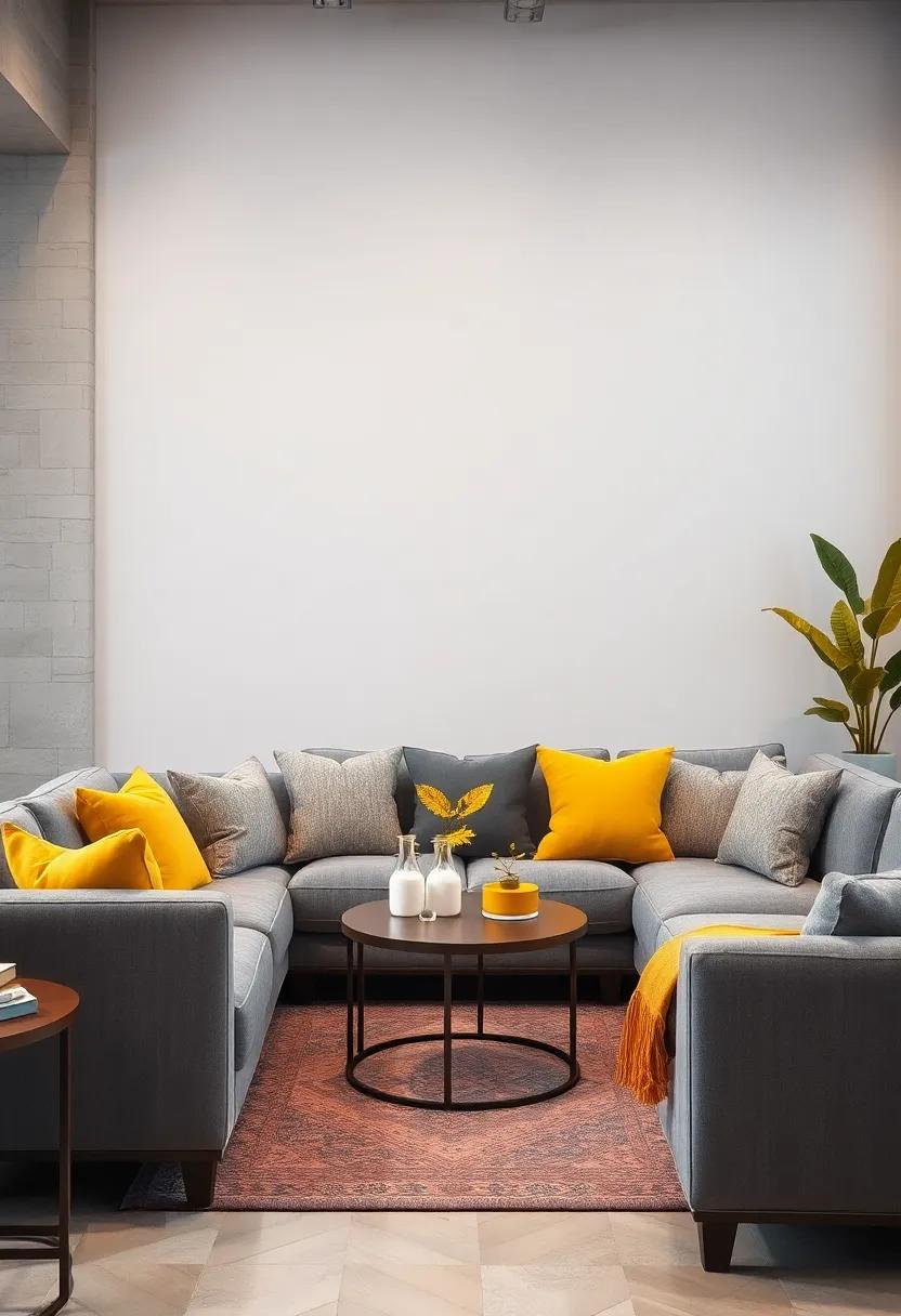 Contrasting Yellow Decorative Pillows with Muted Grey Sofas to Create Visual Focal Points in the Room