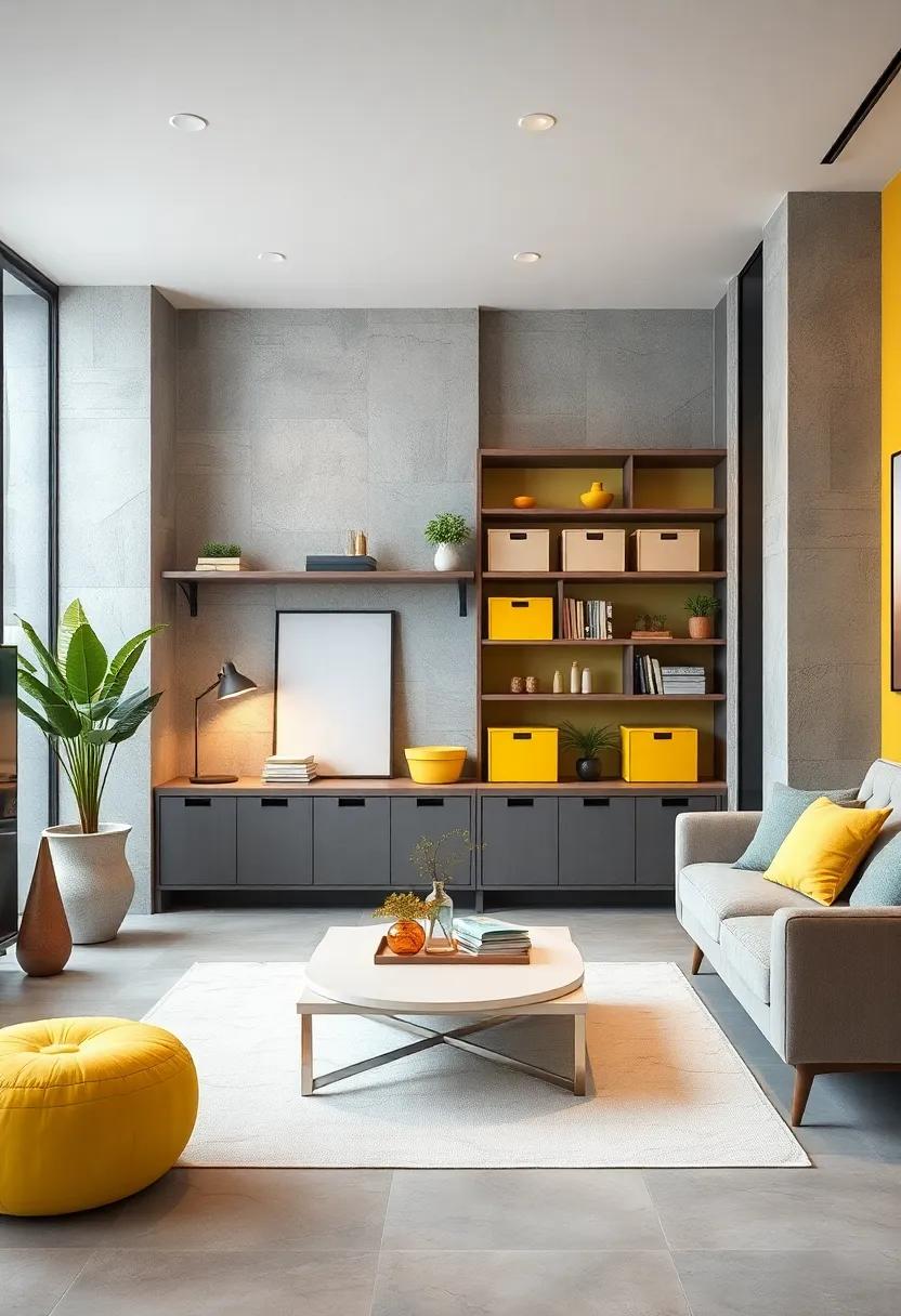Designing Shelves with Alternating Yellow and Grey Storage Bins to Combine Functionality and Style