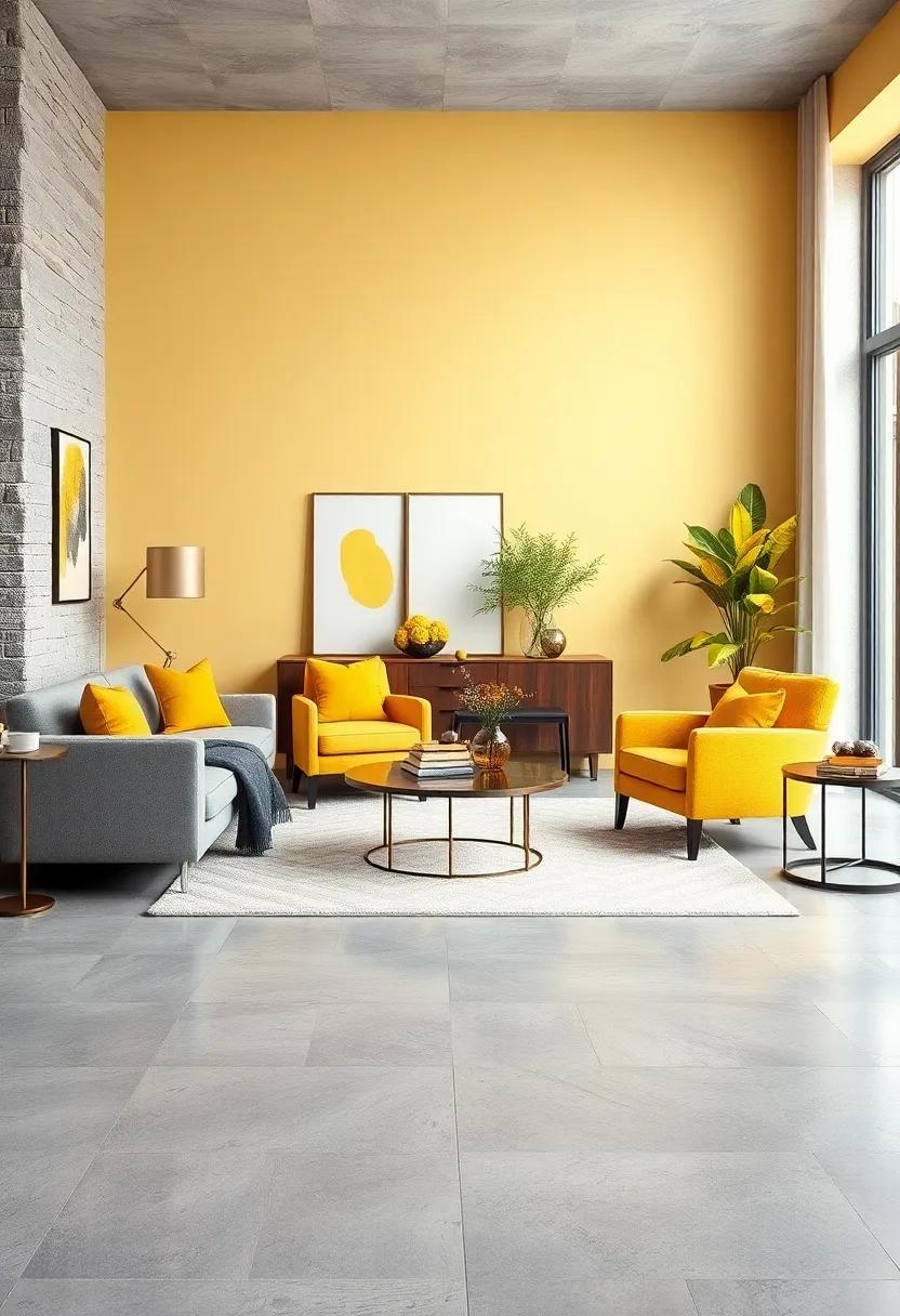 Integrating Yellow Statement Chairs into a Neutral Grey Lounge for Pops of Personality