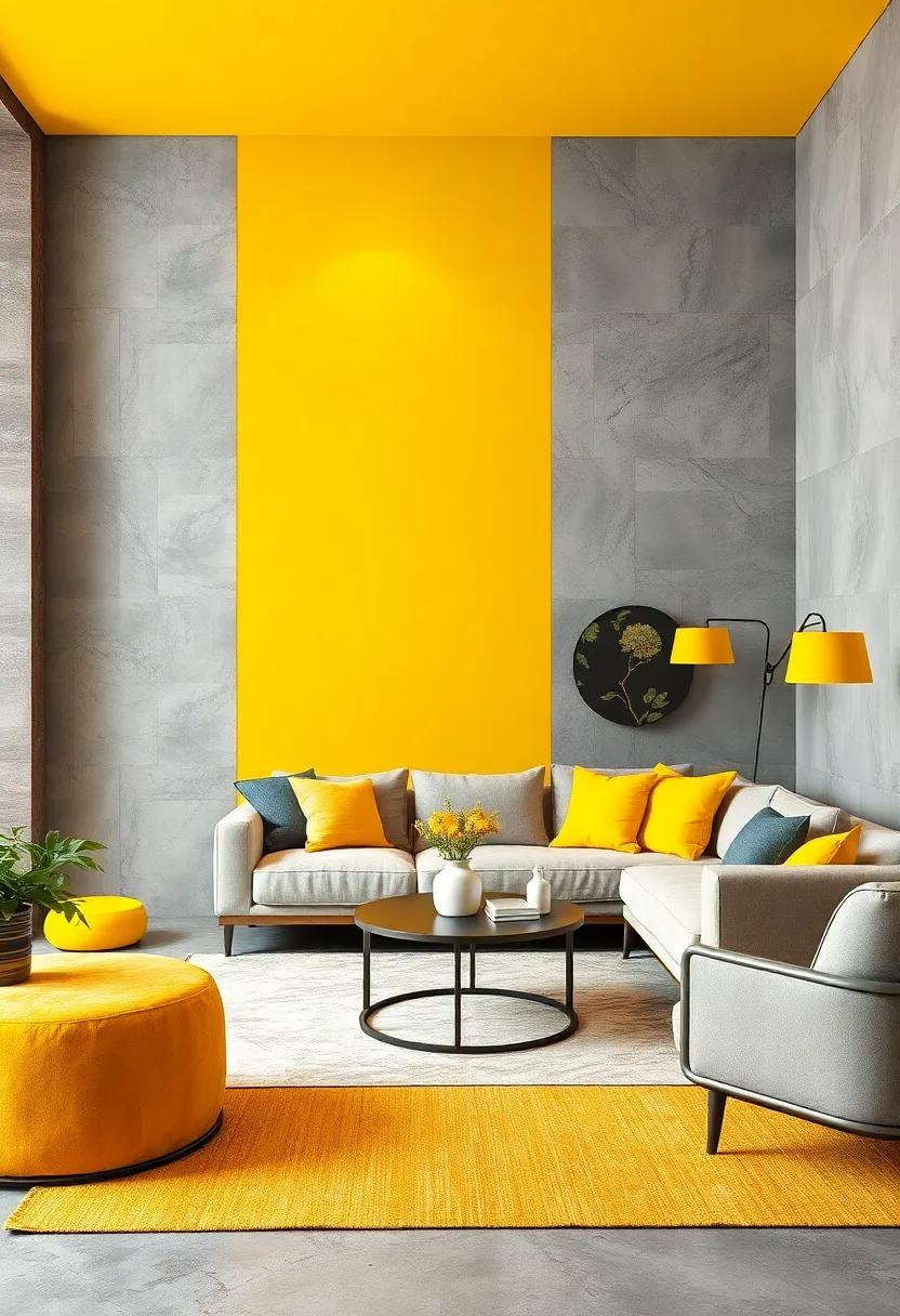 Mixing Matte Grey Surfaces with Glossy Yellow Accents for a Dynamic Yet Balanced Room Design