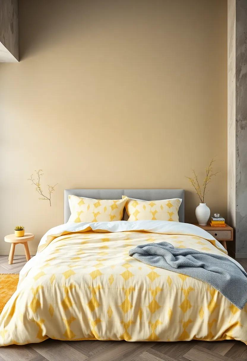 Subtle Yellow Patterned Bedding Set Against Crisp Grey Walls for a Playful Yet Serene Bedroom Look