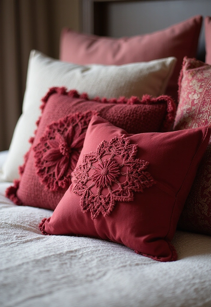 Cherry-Red Throw Pillows on Bed