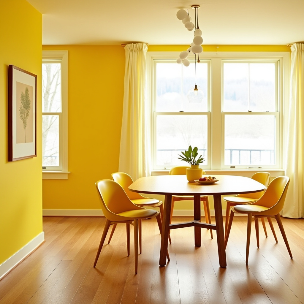Yellow dining room with walnut legs