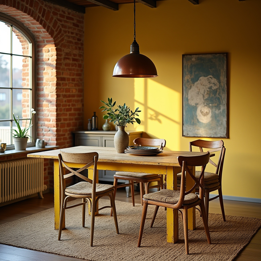 Rustic farmhouse yellow dining room