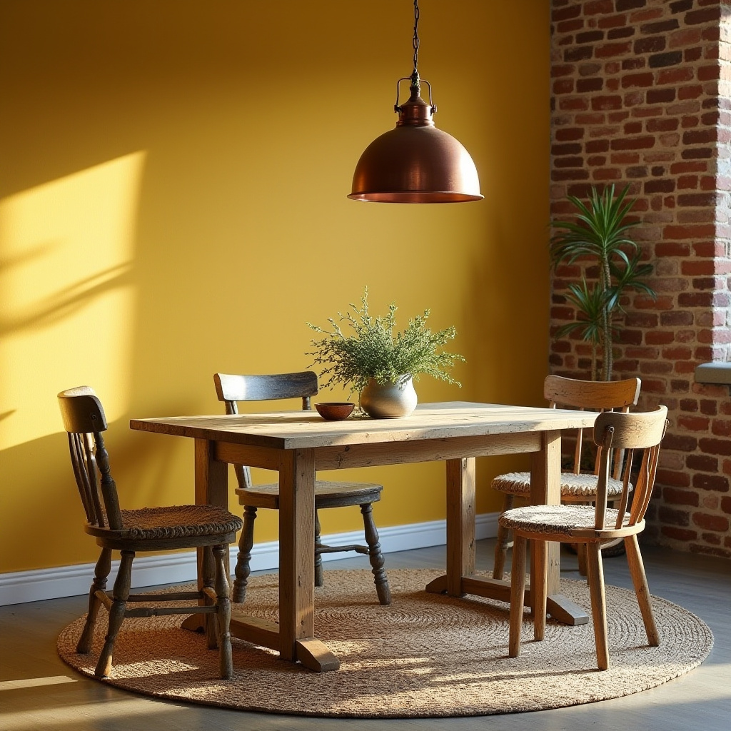 Yellow farmhouse dining room with brick wall