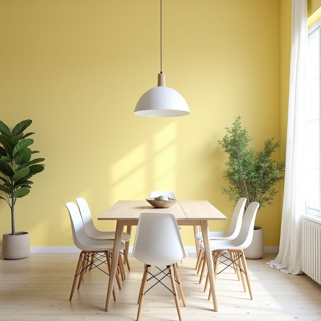 Yellow dining room with white oak table