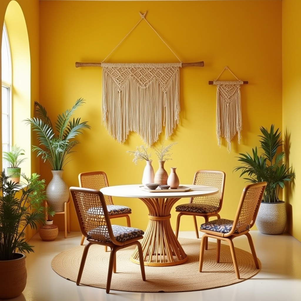 Yellow rattan dining table with eclectic chairs