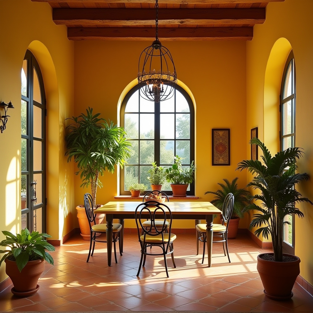 Yellow dining room with terracotta floors