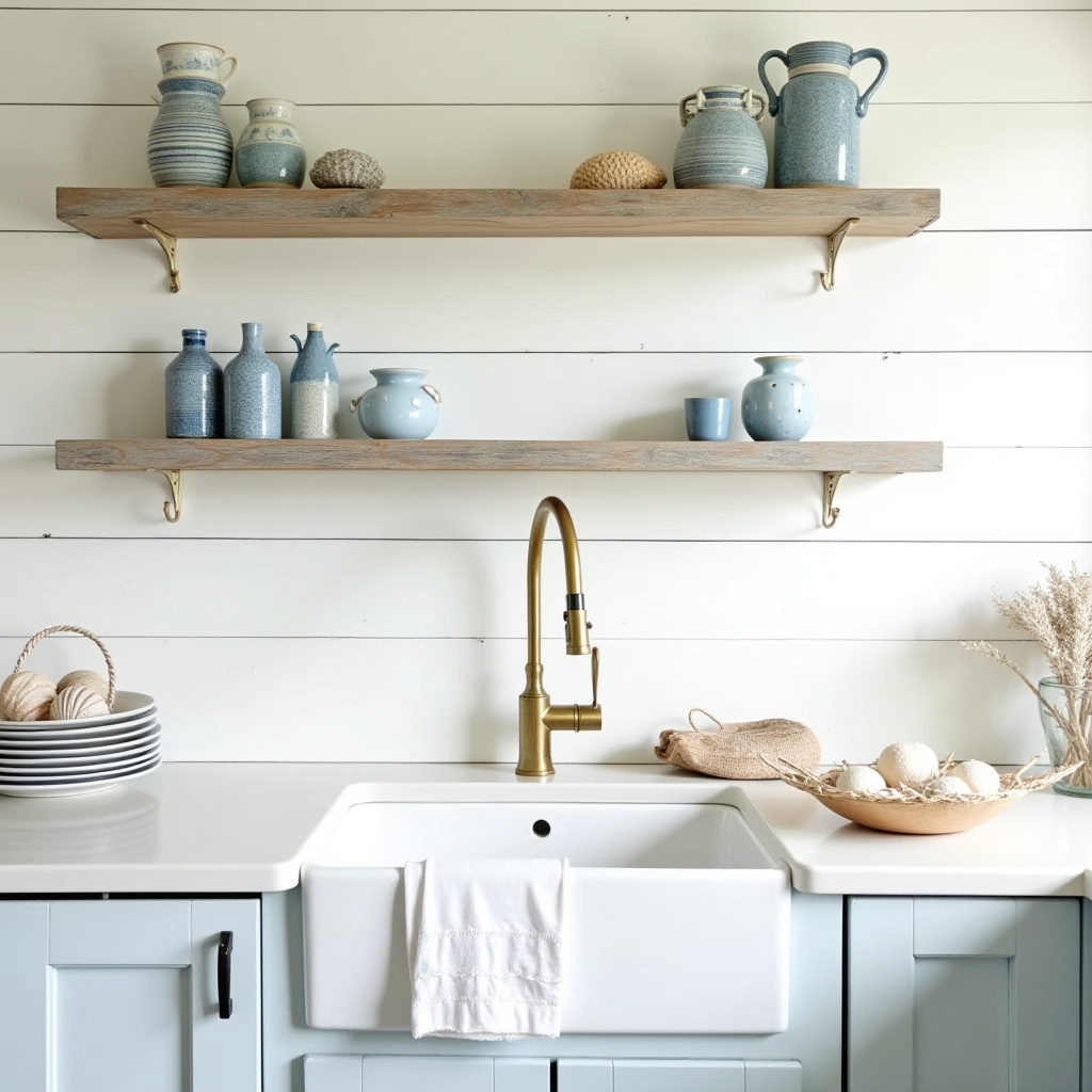 coastal kitchen with shiplap and floating shelves
