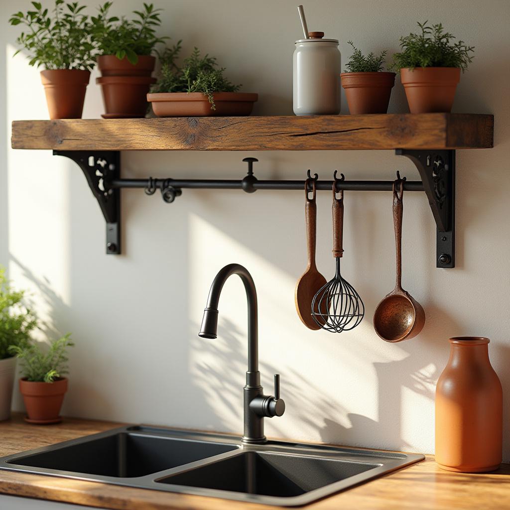 rustic barn wood shelf with wrought iron brackets
