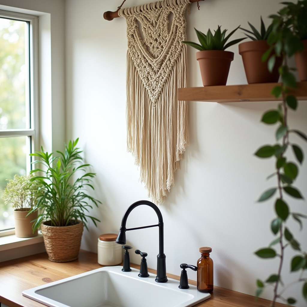 bohemian kitchen with macramé and floating shelves