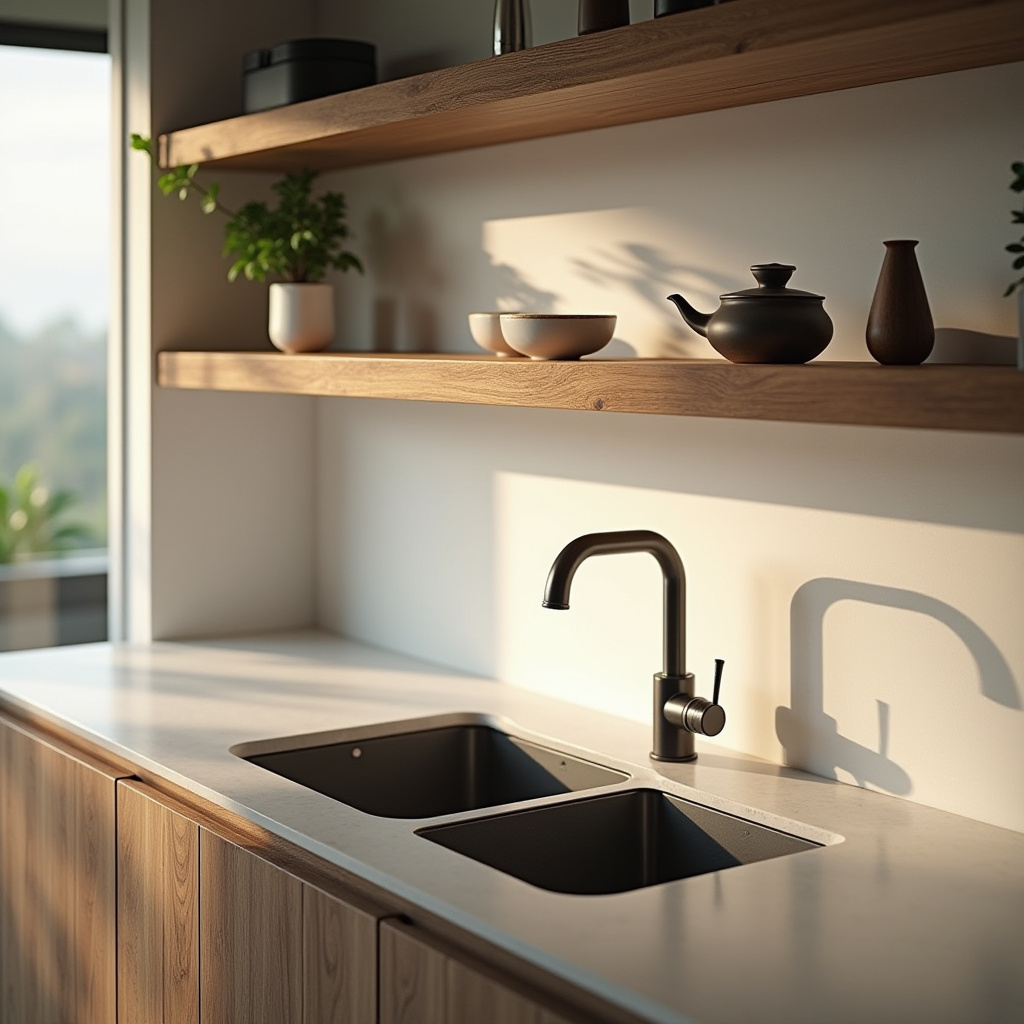 Japanese bamboo floating shelf with minimalist decor
