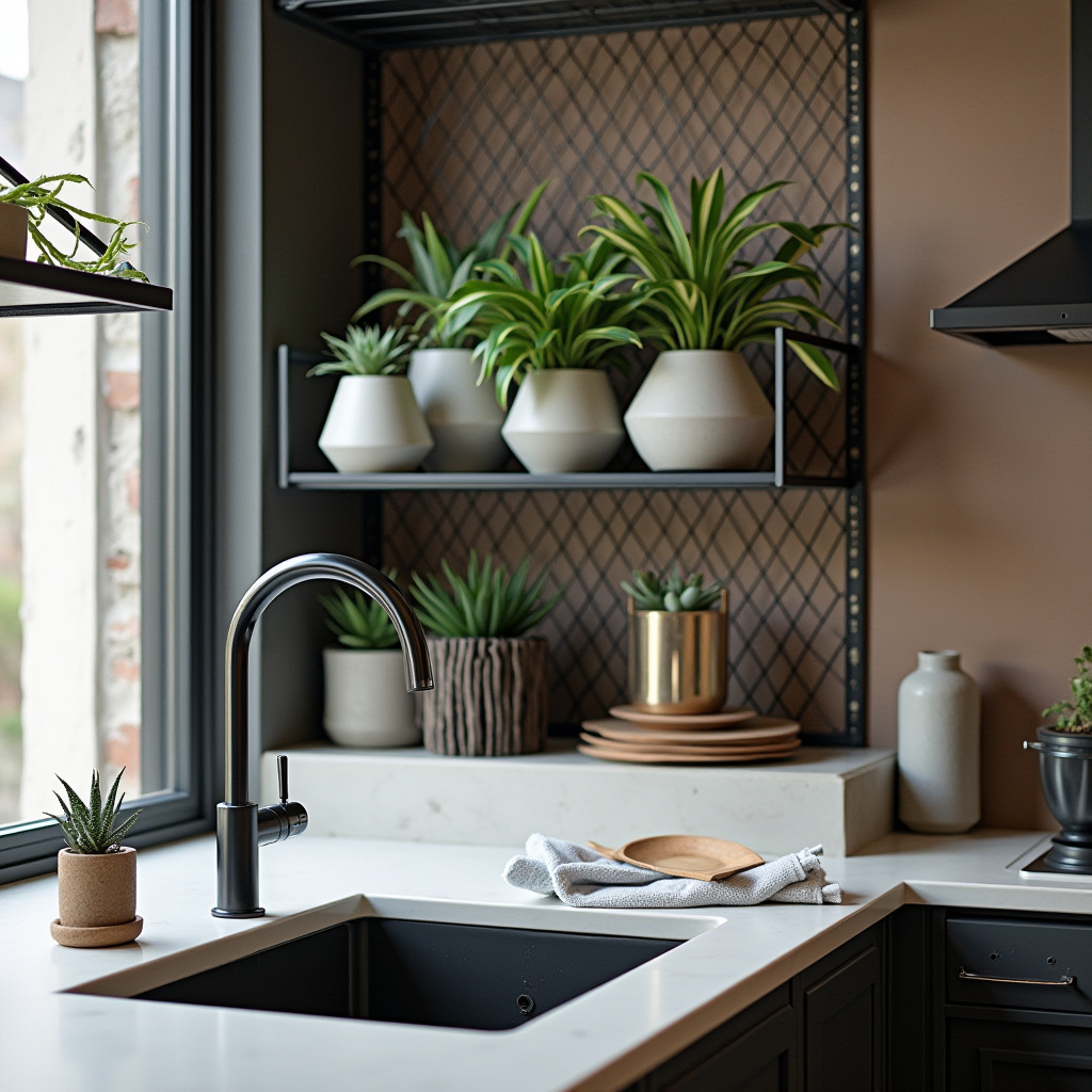 geometric metal wire shelf with concrete planters