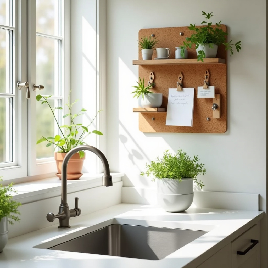 modular cork board shelf with kitchen notes and herbs