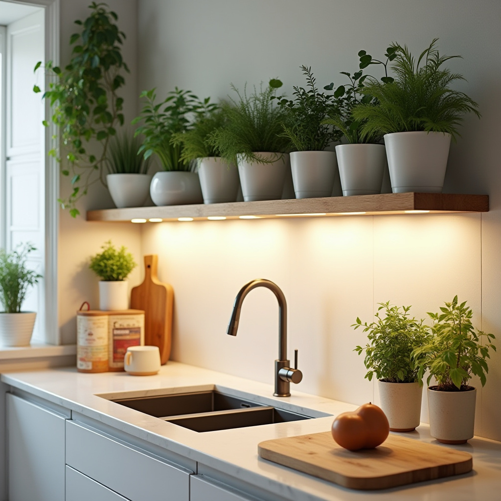 sustainable bamboo floating shelf with LED grow lights
