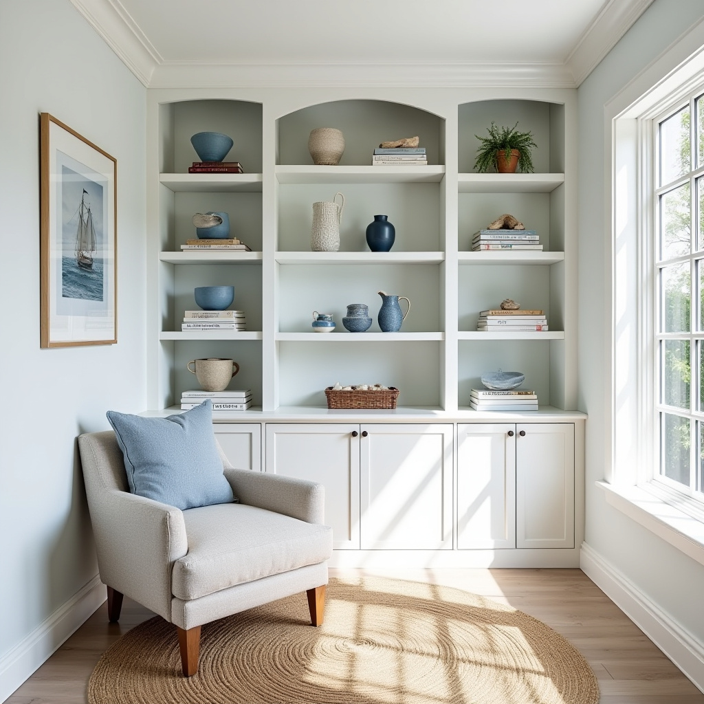 white bookshelf decor coastal library