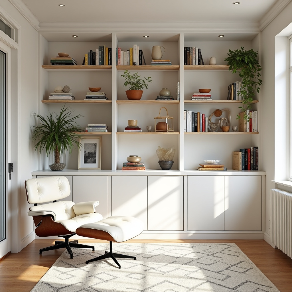 white bookshelf decor mid-century modern
