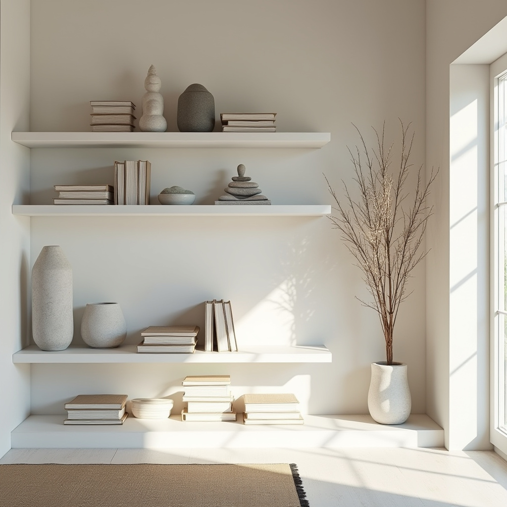 white bookshelf decor zen meditation