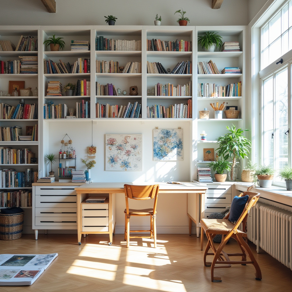 white bookshelf decor art studio