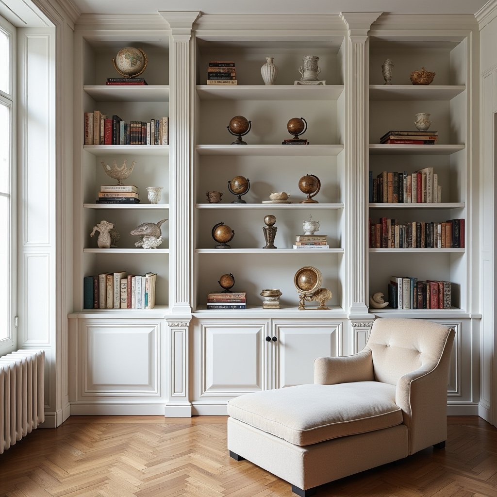 white bookshelf decor Parisian apartment