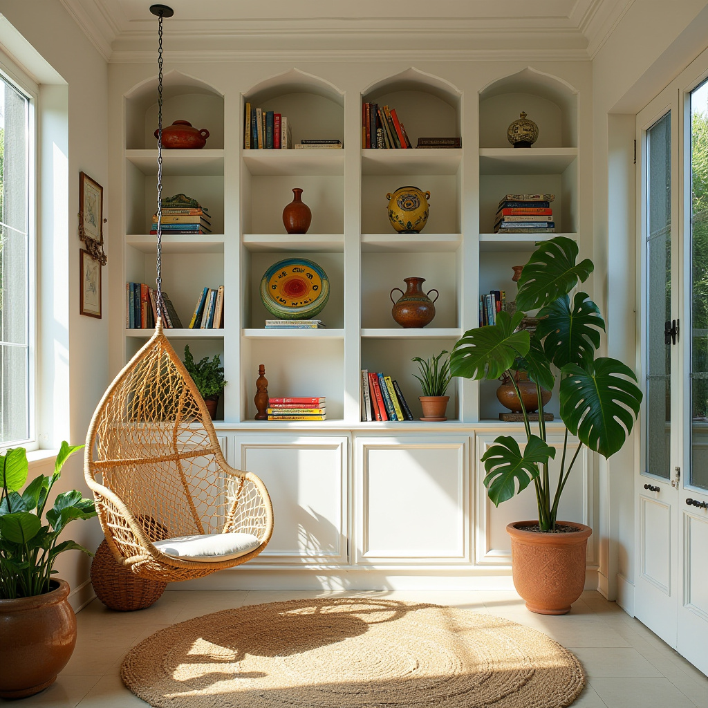 white bookshelf decor tropical sunroom