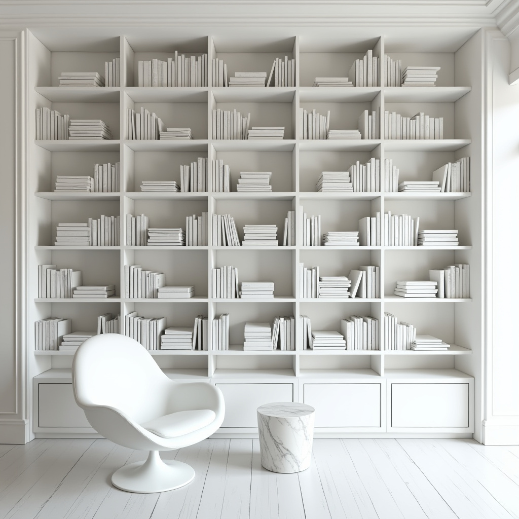 white bookshelf decor monochrome library