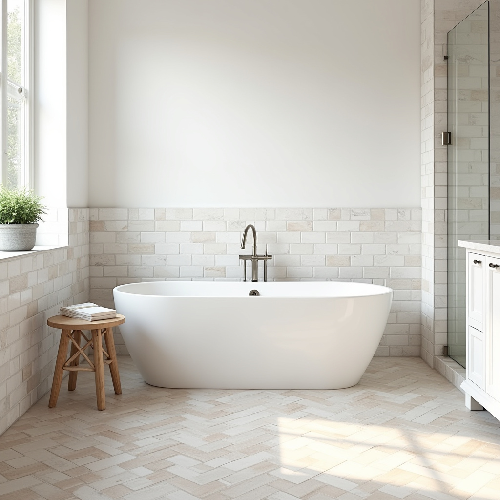 bathroom with herringbone marble floor