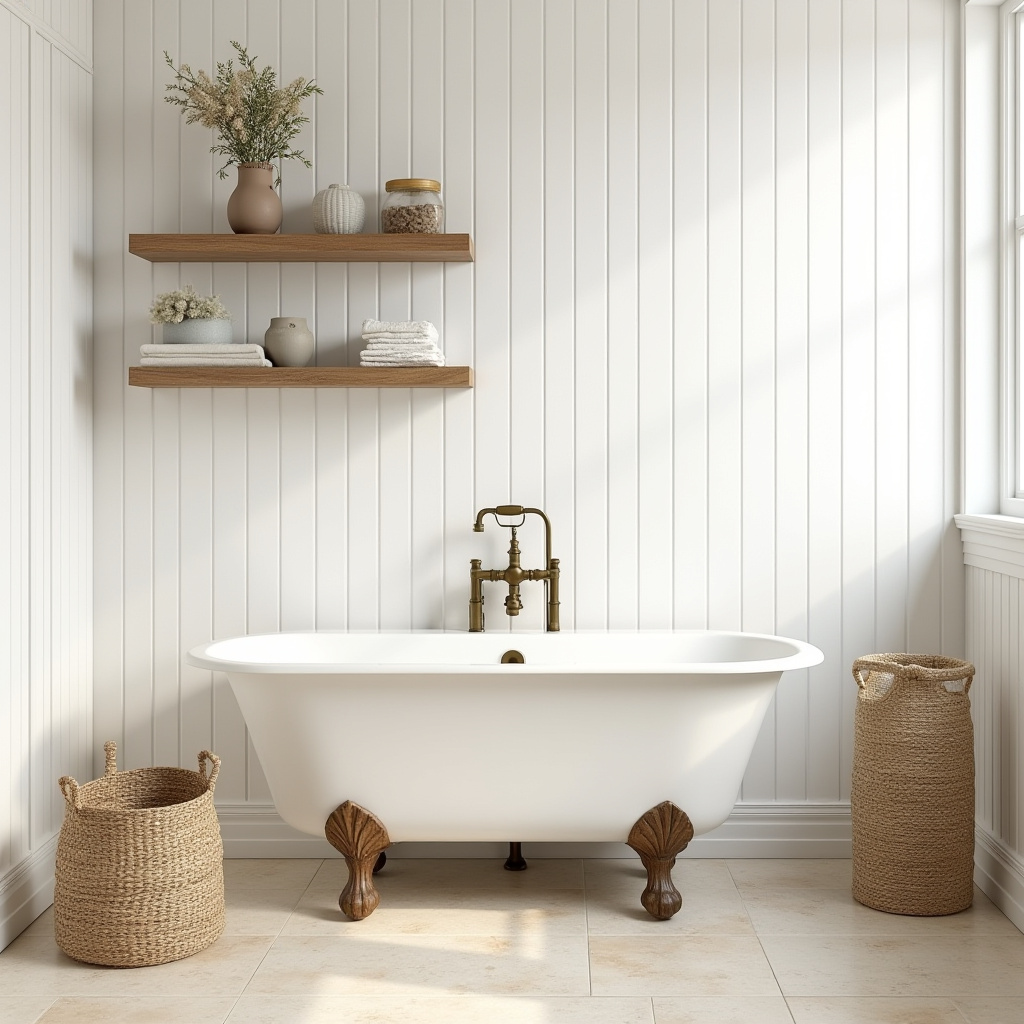 farmhouse style bathroom with beadboard walls
