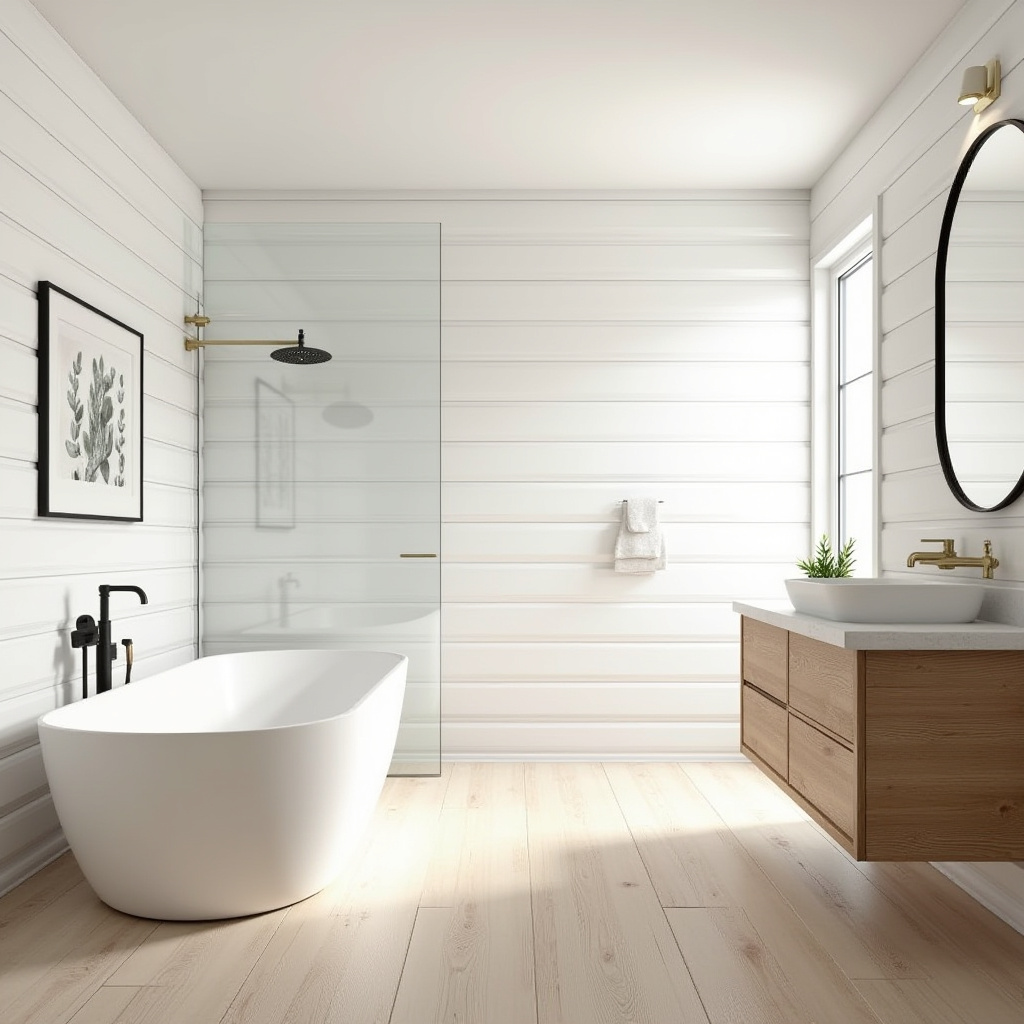rustic modern bathroom with wood-look tiles
