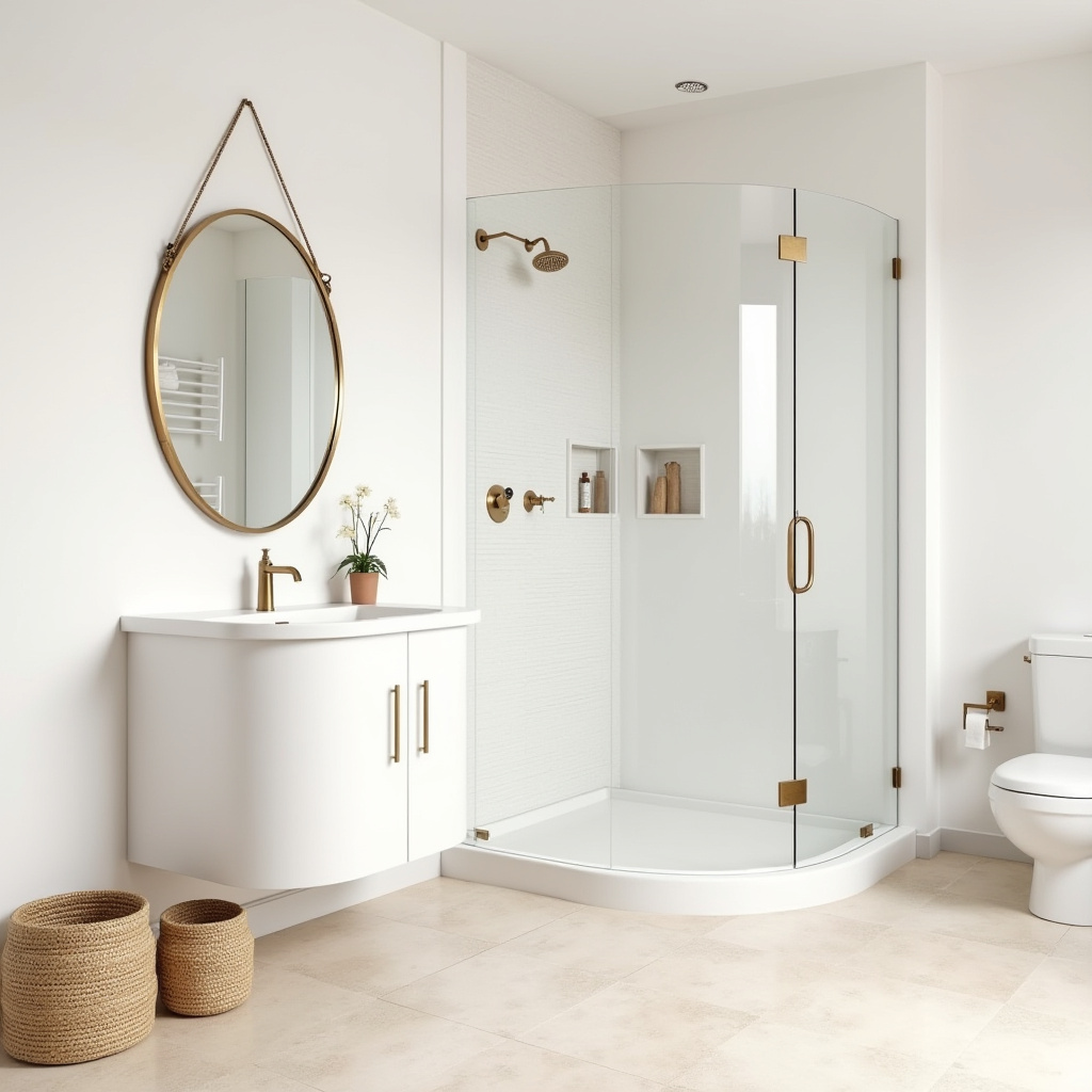 contemporary organic bathroom with curved vanity