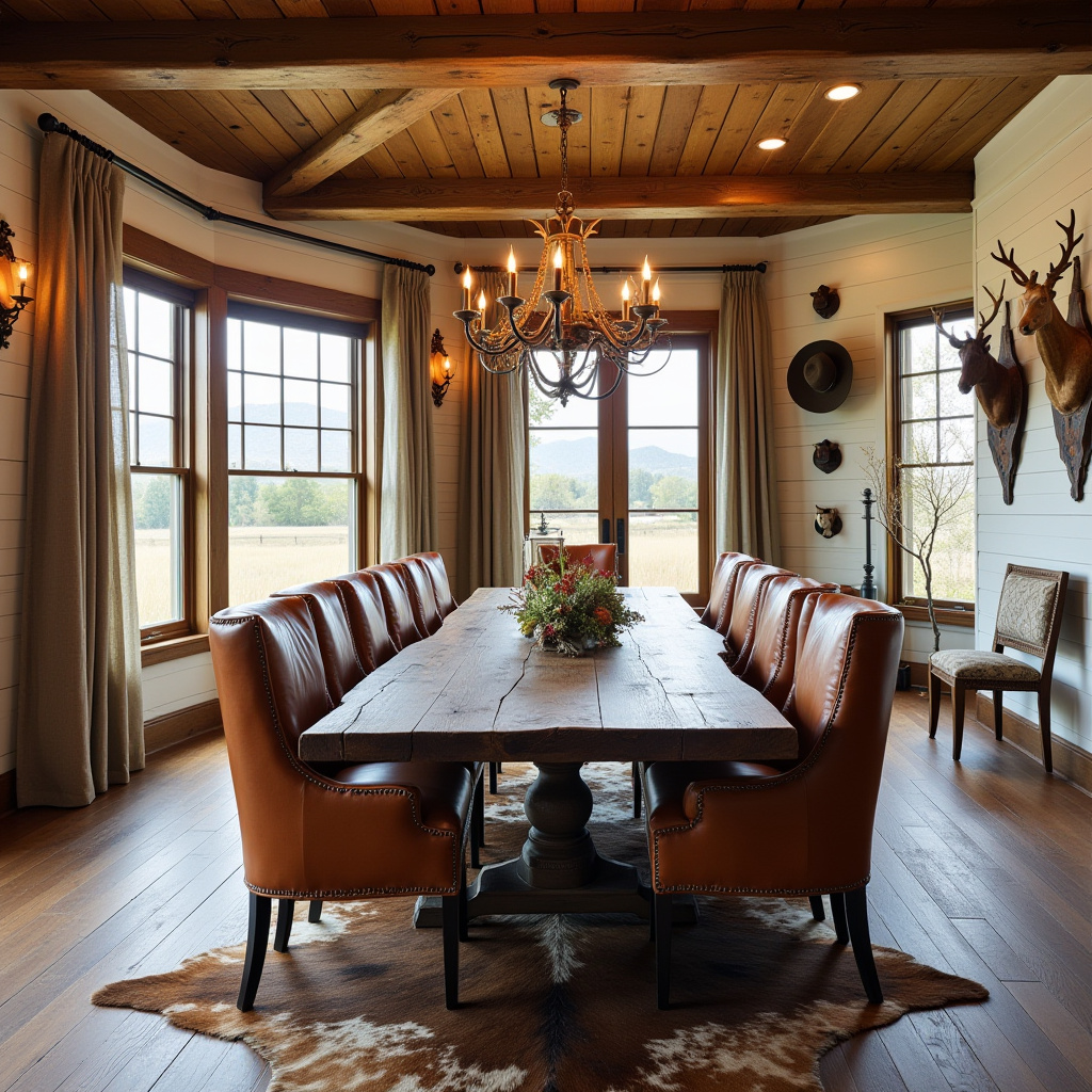 large farmhouse table with distressed leather chairs