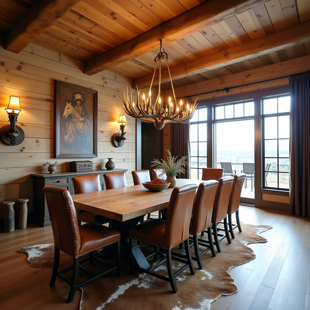 antler chandelier in western dining room