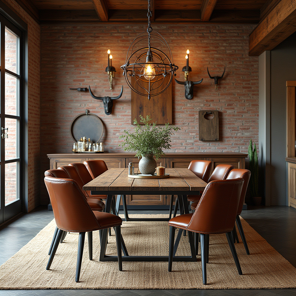 exposed brick and wagon wheel light fixture