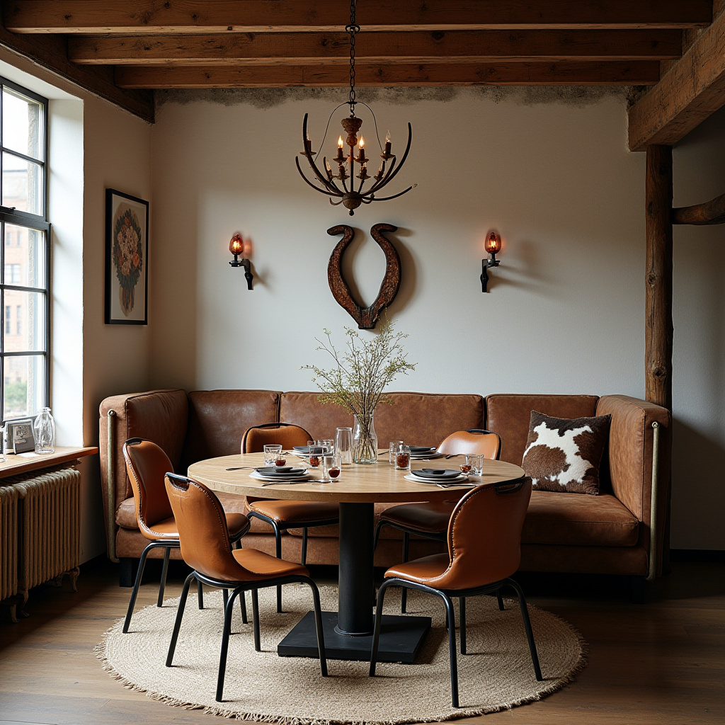 round wooden table with mixed chairs