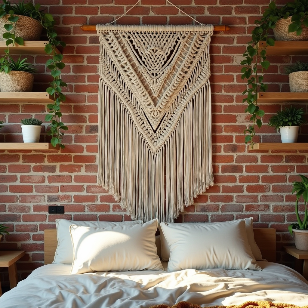 Bohemian bedroom with macramé wall hanging