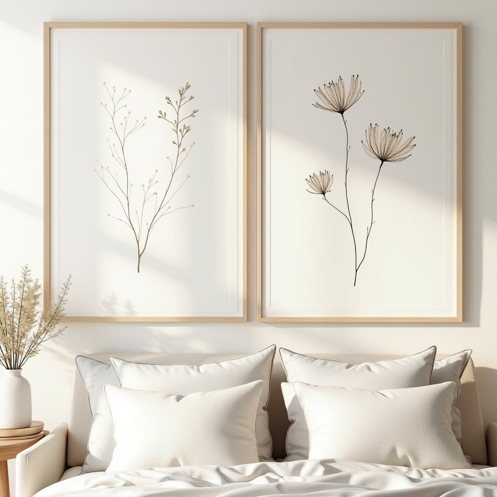 Scandinavian bedroom with botanical prints