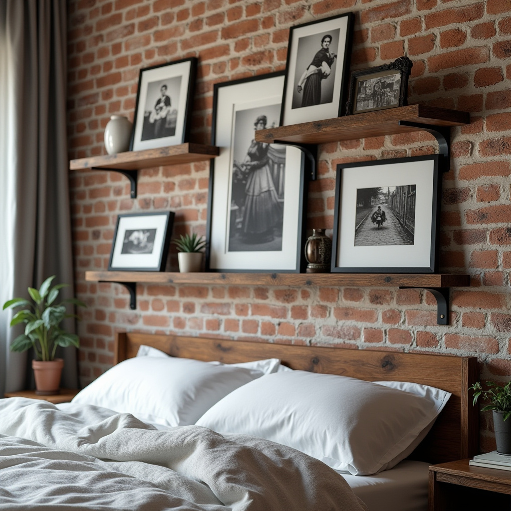 Industrial bedroom with reclaimed wood shelves