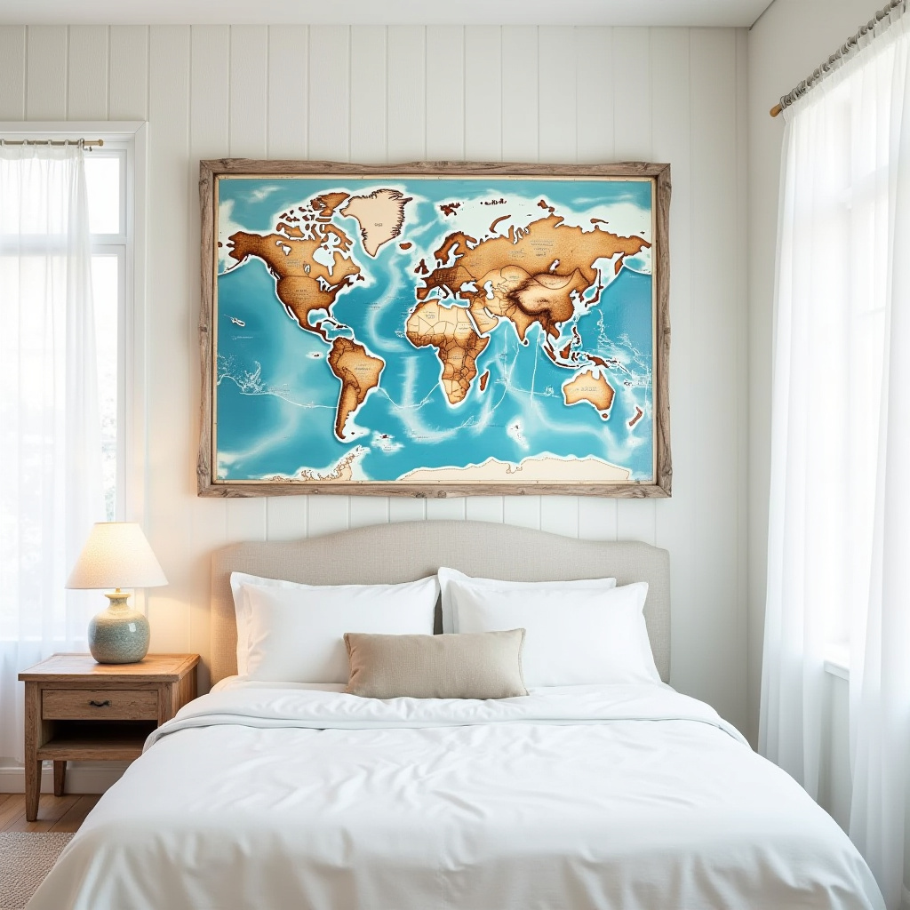 Coastal bedroom with nautical map art