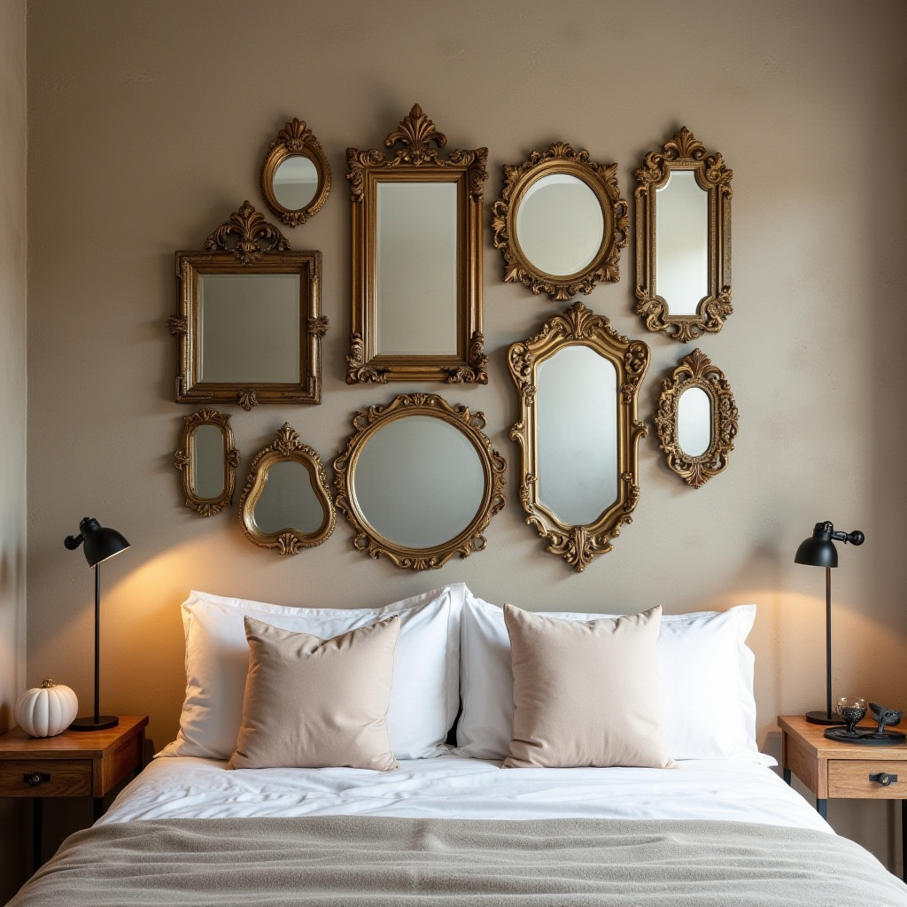 Rustic bedroom with vintage mirrors