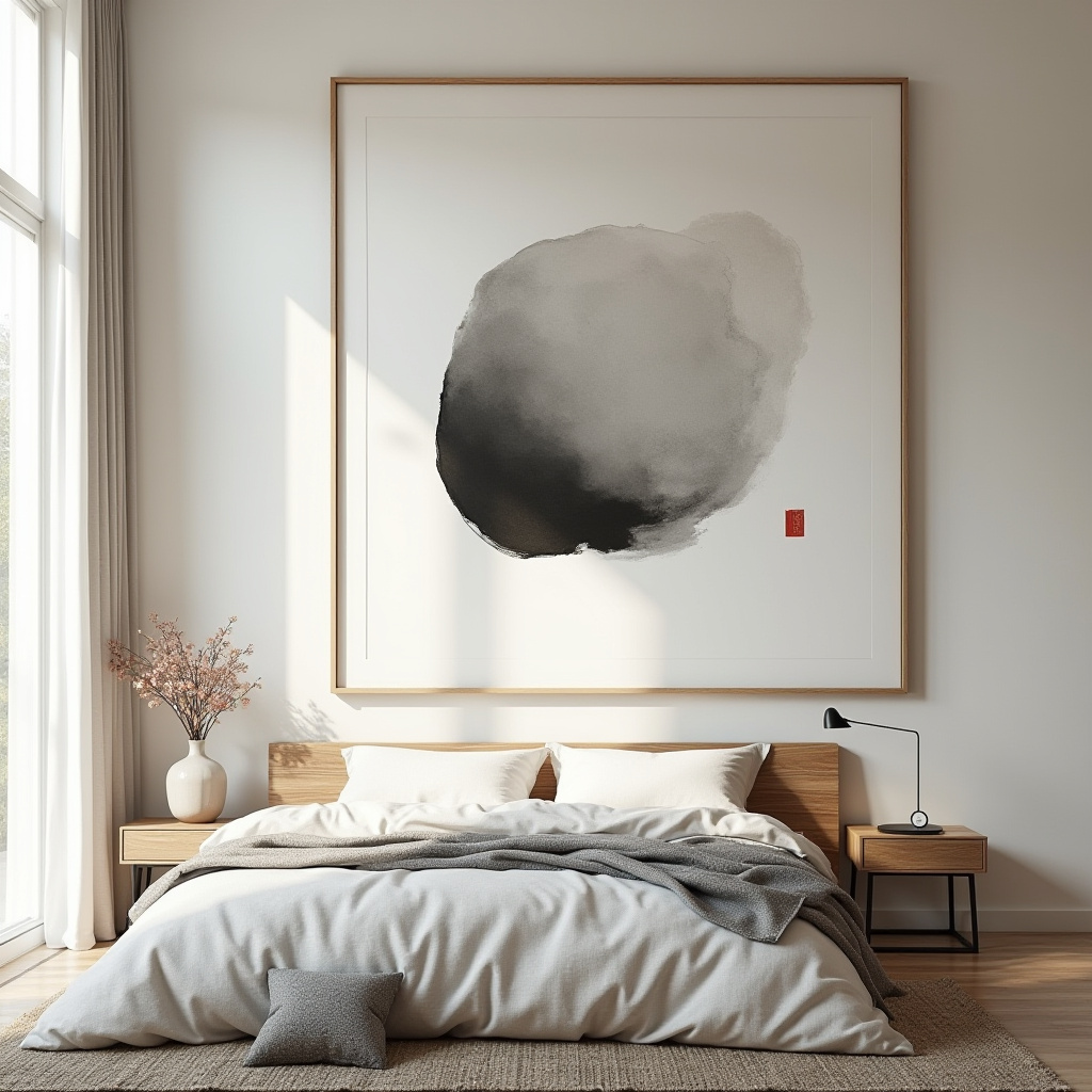 Minimalist bedroom with Japanese ink wash painting